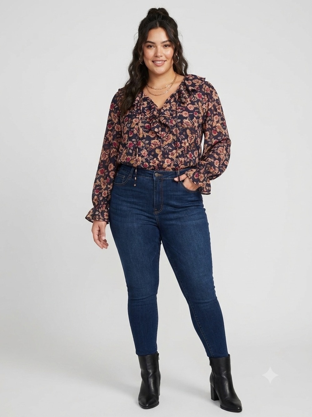 1.State Woodblock Floral Ruffle V-Neck Blouse Plus Size 3X Smocked Cuff Top